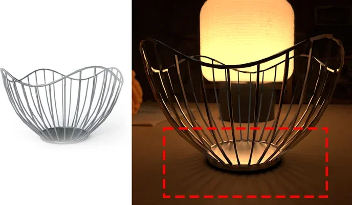 A wireframe lamp mesh and its rendering inside a radiance field