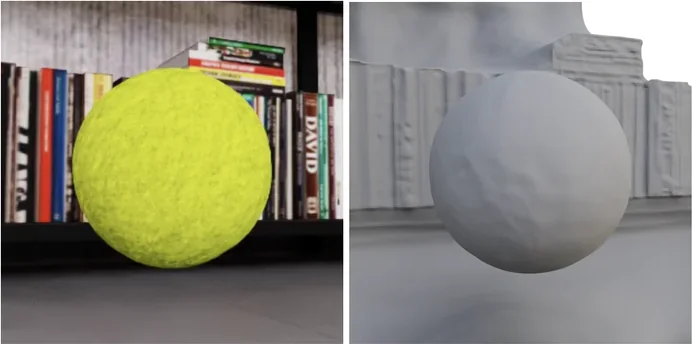 A tennis ball in a video frame and its reconstructed geometry