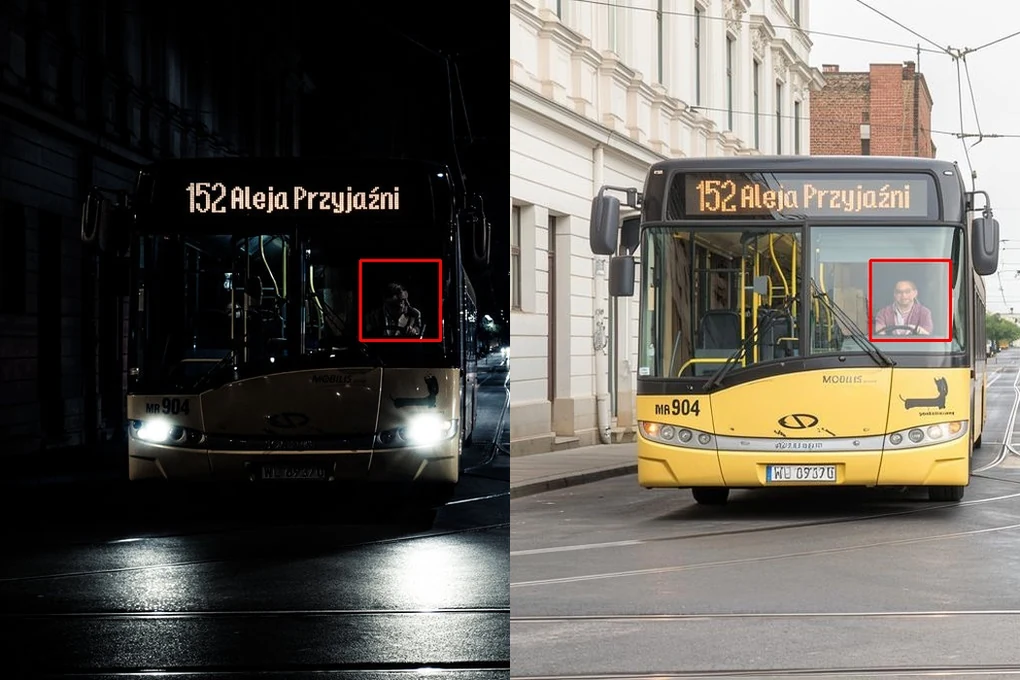 A bus at night, dark on the left and relit by the diffusion model on the right